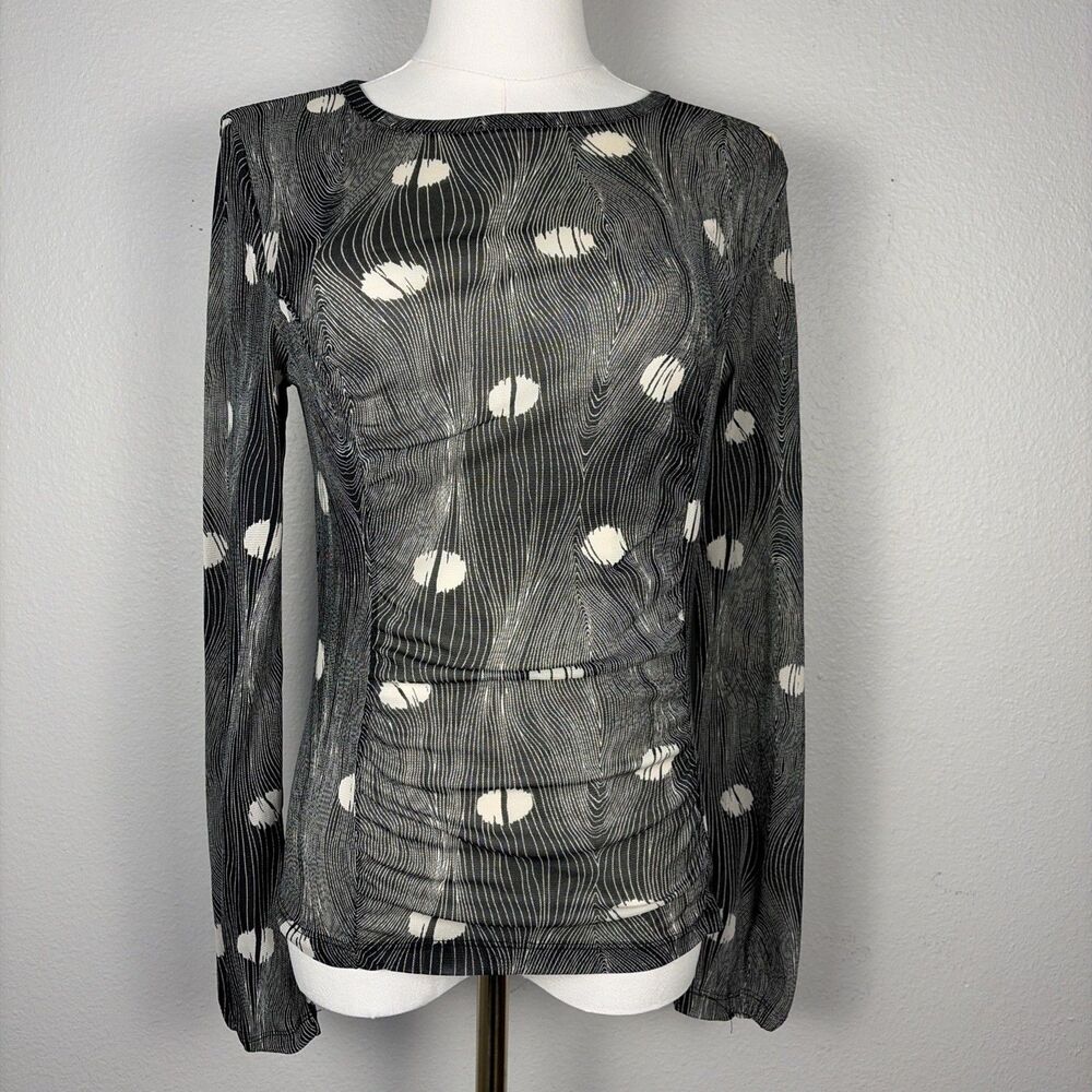 Black Sheer Stretch Mesh Shirred Long Sleeve Whimsigoth Y2K Top Medium Feather